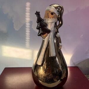 Pier 1 Metallic Bronze Crackle Finish Ceramic Snowman Figurine Christmas 12”